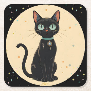 Posavasos Cuadrado De Papel Gato negro futurista atómico Luna