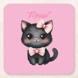 Posavasos Cuadrado De Papel Gato negro lindo con reverencia para la decoración