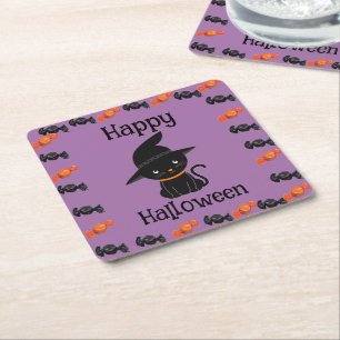 Posavasos Cuadrado De Papel Gato negro lindo en sombrero de bruja Feliz Hallow