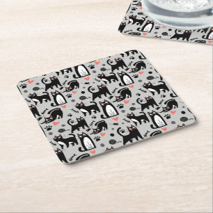 Posavasos Cuadrado De Papel Gato negro lindo patrón sin fisuras en un gris cla