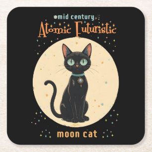 Posavasos Cuadrado De Papel Gato negro lunar futurista atómico con texto