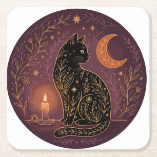 Posavasos Cuadrado De Papel Gato Negro Místico Celestial Bruja Halloween