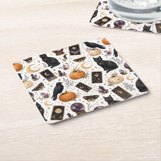 Posavasos Cuadrado De Papel Gato Negro Místico Tarot Celestial de Halloween  (En perspectiva)