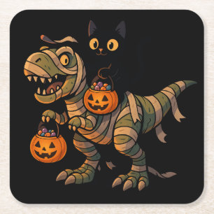 Posavasos Cuadrado De Papel Gato Negro Montando T-Rex Momia – Dino Cute de Hal