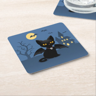 Posavasos Cuadrado De Papel Gato negro vampiro de Halloween con alas
