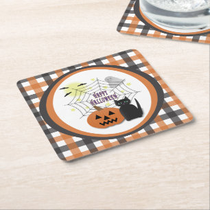 Posavasos Cuadrado De Papel Gato negro y calabaza no asusta Halloween