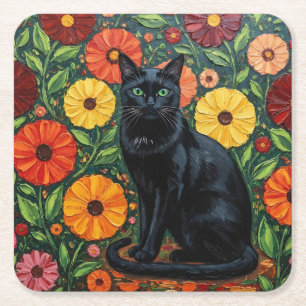Posavasos Cuadrado De Papel Gato Negro y Flores de Arte Popular Coloridas