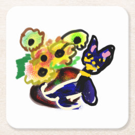 Posavasos Cuadrado De Papel Gato negro y girasoles