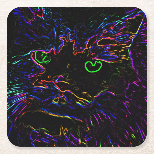 Posavasos Cuadrado De Papel Gato Neon Glow (Anverso)