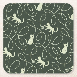 Posavasos Cuadrado De Papel Gato Neutral Terroso y Verde Sábio Bosque con Bola