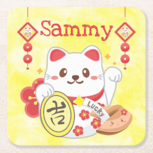 Posavasos Cuadrado De Papel Gato Oriental Kawaii Afortunado