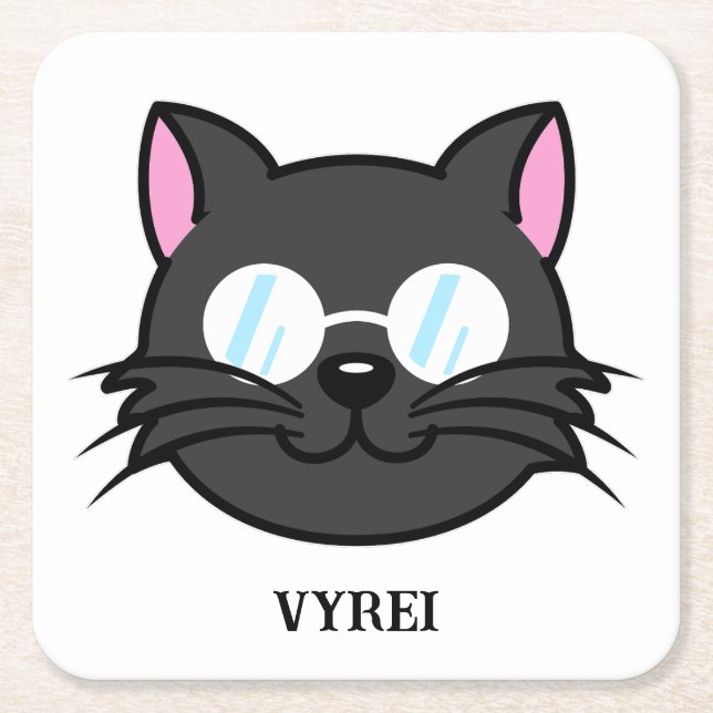 Posavasos Cuadrado De Papel Gato oscuro Gato negro Gato Gris vestido con lente (Anverso)