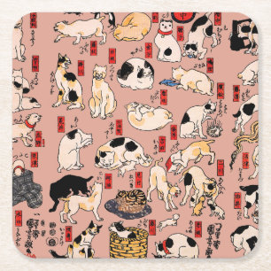 Posavasos Cuadrado De Papel Gato Patrón Ukiyo-e Japonés Antiguo: Kuniyoshi