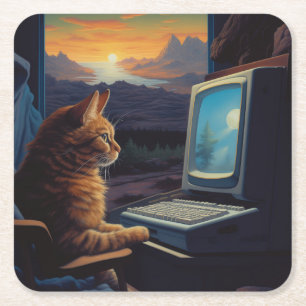 Posavasos Cuadrado De Papel Gato Retro Gamer   Juego de arte de píxeles de 8 b