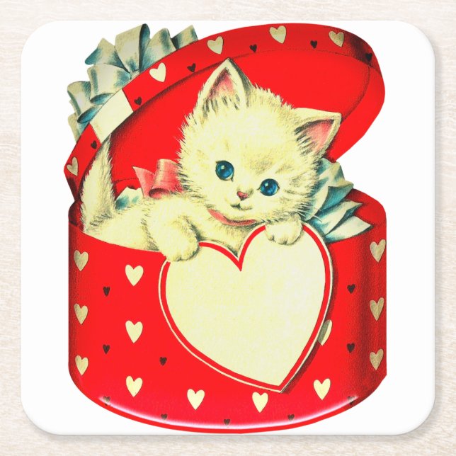 Posavasos Cuadrado De Papel Gato retro Kitty Corazón de Corazón (Anverso)