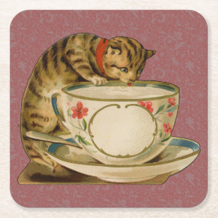 Posavasos Cuadrado De Papel Gato Taza de Té Lindo Vintage Victoriano Mascota C