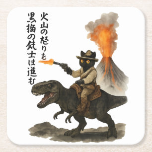Posavasos Cuadrado De Papel Gato Vaquero Negro Épico Montando Dinosaurio con V
