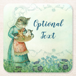 Posavasos Cuadrado De Papel Gato vintage de mamá con gatitos