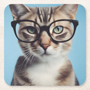 Posavasos Cuadrado De Papel Gato vistiendo gafas