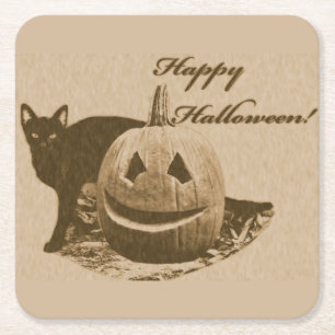 Posavasos Cuadrado De Papel Gato y calabaza feliz Halloween