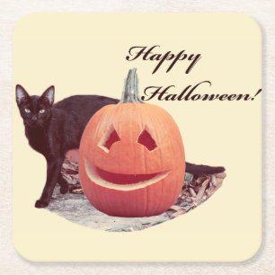 Posavasos Cuadrado De Papel Gato y calabaza feliz Halloween