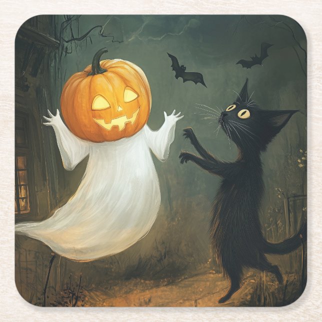Posavasos Cuadrado De Papel Gato y fantasma de Halloween (Anverso)