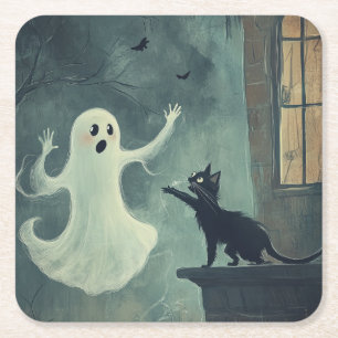 Posavasos Cuadrado De Papel Gato y fantasma de Halloween