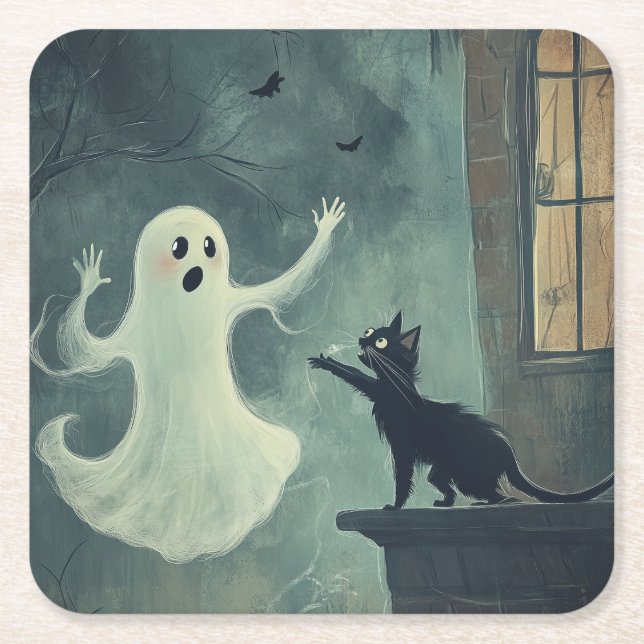 Posavasos Cuadrado De Papel Gato y fantasma de Halloween (Anverso)