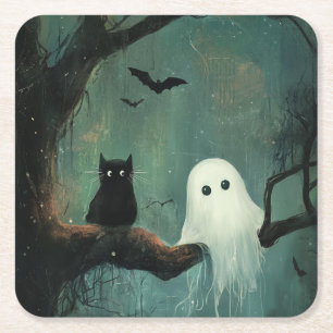 Posavasos Cuadrado De Papel Gato y fantasma de Halloween
