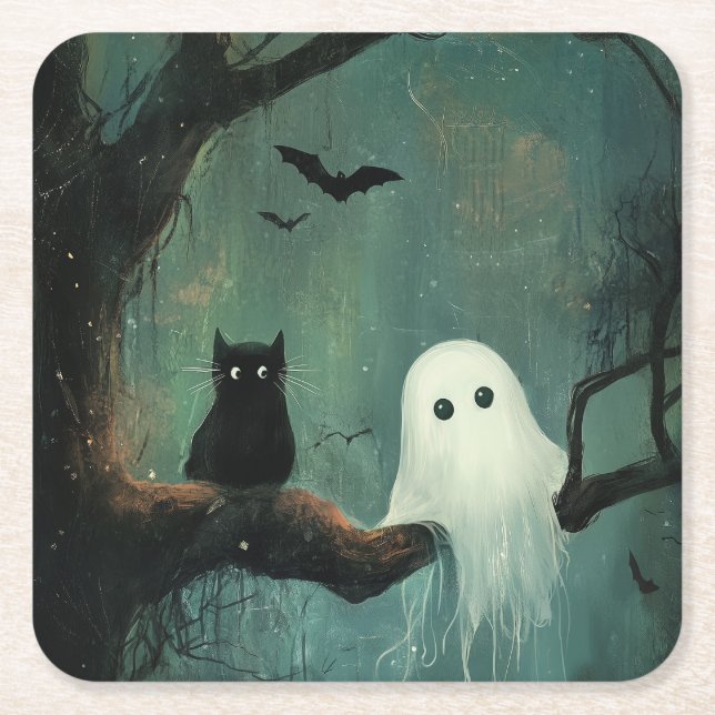 Posavasos Cuadrado De Papel Gato y fantasma de Halloween (Anverso)