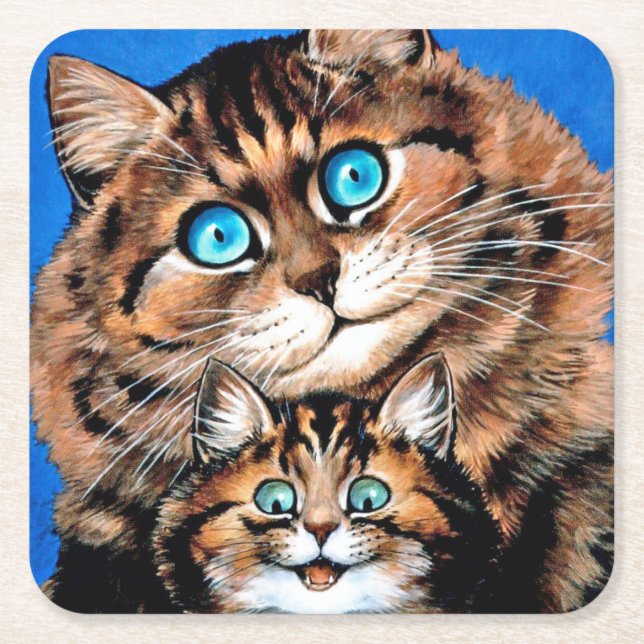 Posavasos Cuadrado De Papel Gato y gatito divertidos, Louis Wain (Anverso)