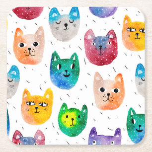 Posavasos Cuadrado De Papel Gatos acuarelas y amigos