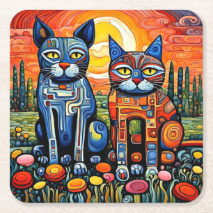 Posavasos Cuadrado De Papel Gatos al atardecer 1