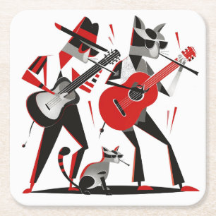 Posavasos Cuadrado De Papel Gatos Beatnik MCM Retro Vintage tocando guitarras