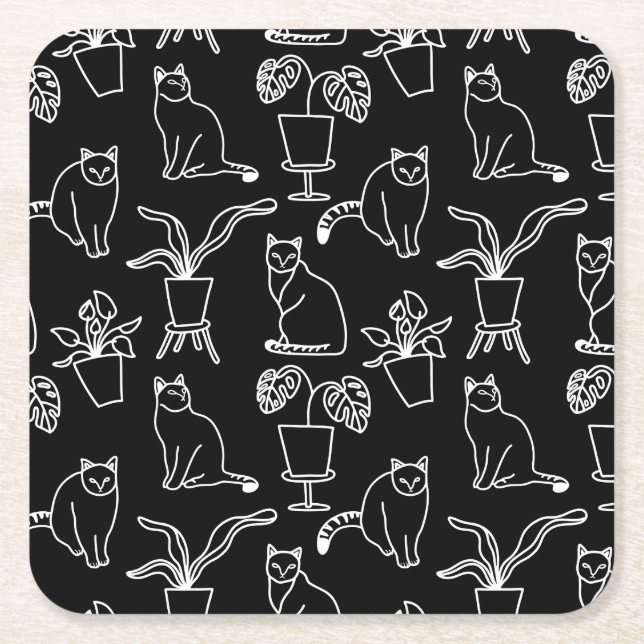 Posavasos Cuadrado De Papel Gatos blancos en negro (Anverso)