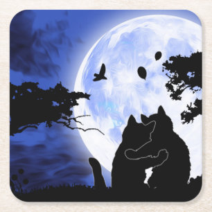 Posavasos Cuadrado De Papel gatos con luna llena
