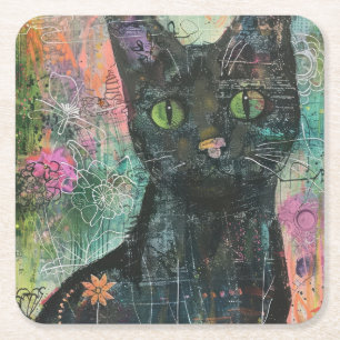 Posavasos Cuadrado De Papel Gatos de acuarela Boho - Arte felino de tierra (5)