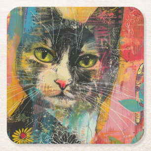 Posavasos Cuadrado De Papel Gatos de acuarela Boho - Arte felino de tierra (6)