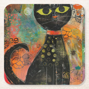 Posavasos Cuadrado De Papel Gatos de acuarela Boho - Arte felino de tierra (7)