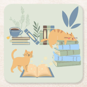 Posavasos Cuadrado De Papel Gatos de Biblioteca