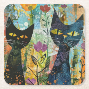 Posavasos Cuadrado De Papel Gatos de color de agua boho - Arte de felina de ti