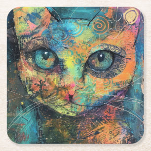 Posavasos Cuadrado De Papel Gatos de color de agua boho - Arte felino de tierr