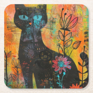 Posavasos Cuadrado De Papel Gatos de color de agua boho - Arte felino de tierr