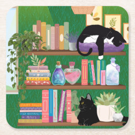 Posavasos Cuadrado De Papel Gatos de librería