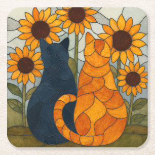 Posavasos Cuadrado De Papel Gatos de Vidrio Emplomado y Diseño de Arte de Gira