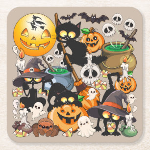 Posavasos Cuadrado De Papel Gatos divertidos de Halloween en una fiesta