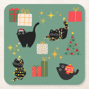 Posavasos Cuadrado De Papel Gatos divertidos de Navidad