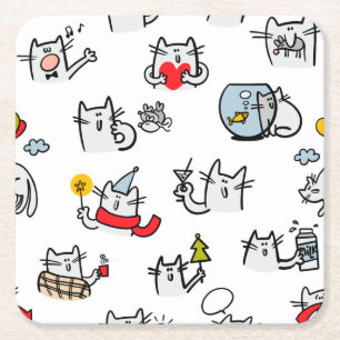 Posavasos Cuadrado De Papel Gatos divertidos, leche y magia.
