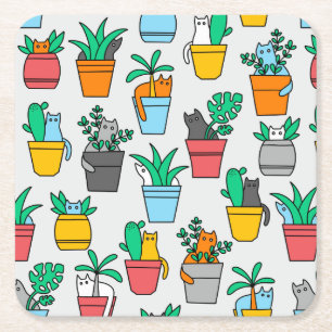Posavasos Cuadrado De Papel Gatos en macetas de flores