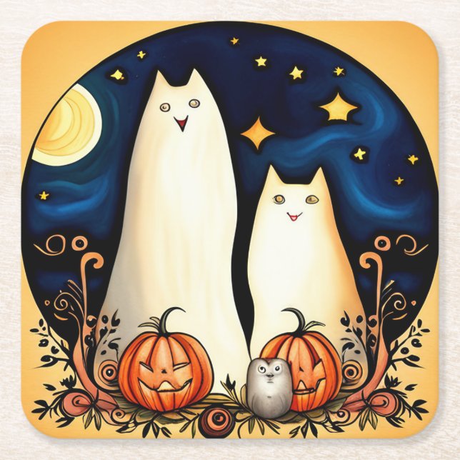 Posavasos Cuadrado De Papel Gatos fantasma blancos y faroles Jack-o (Anverso)